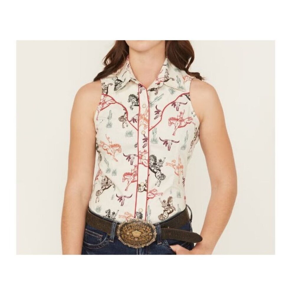 Rock & Roll Denim Women's Sleeveless Horse Print Snap Shirt Natural